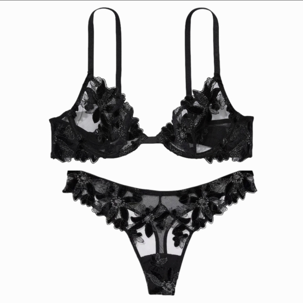 🆕Very Sexy Ziggy Glam Floral Demi Bra & Thong by Victoria’s Secret - 32DD(E)/M